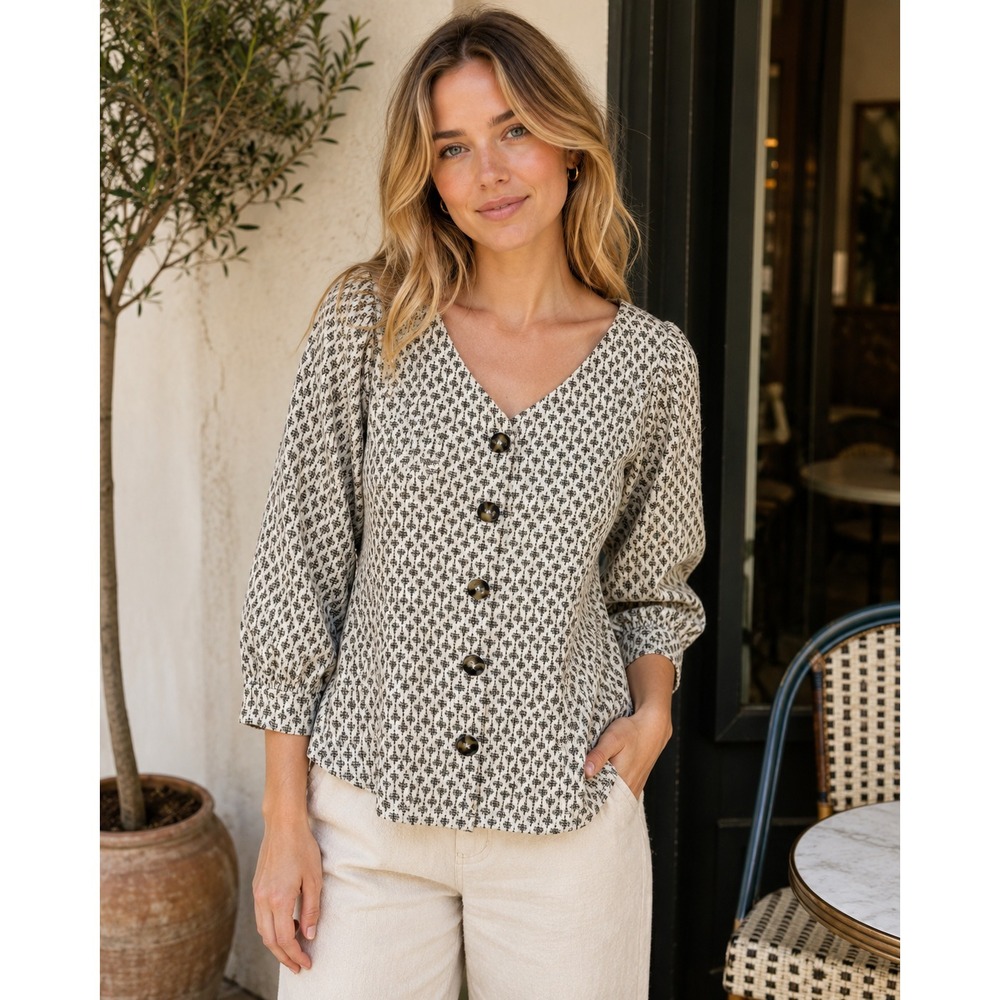 Anthropologie Ett:twa Coralie Top XS Cream Gold Metallic Button Puff Sleeve